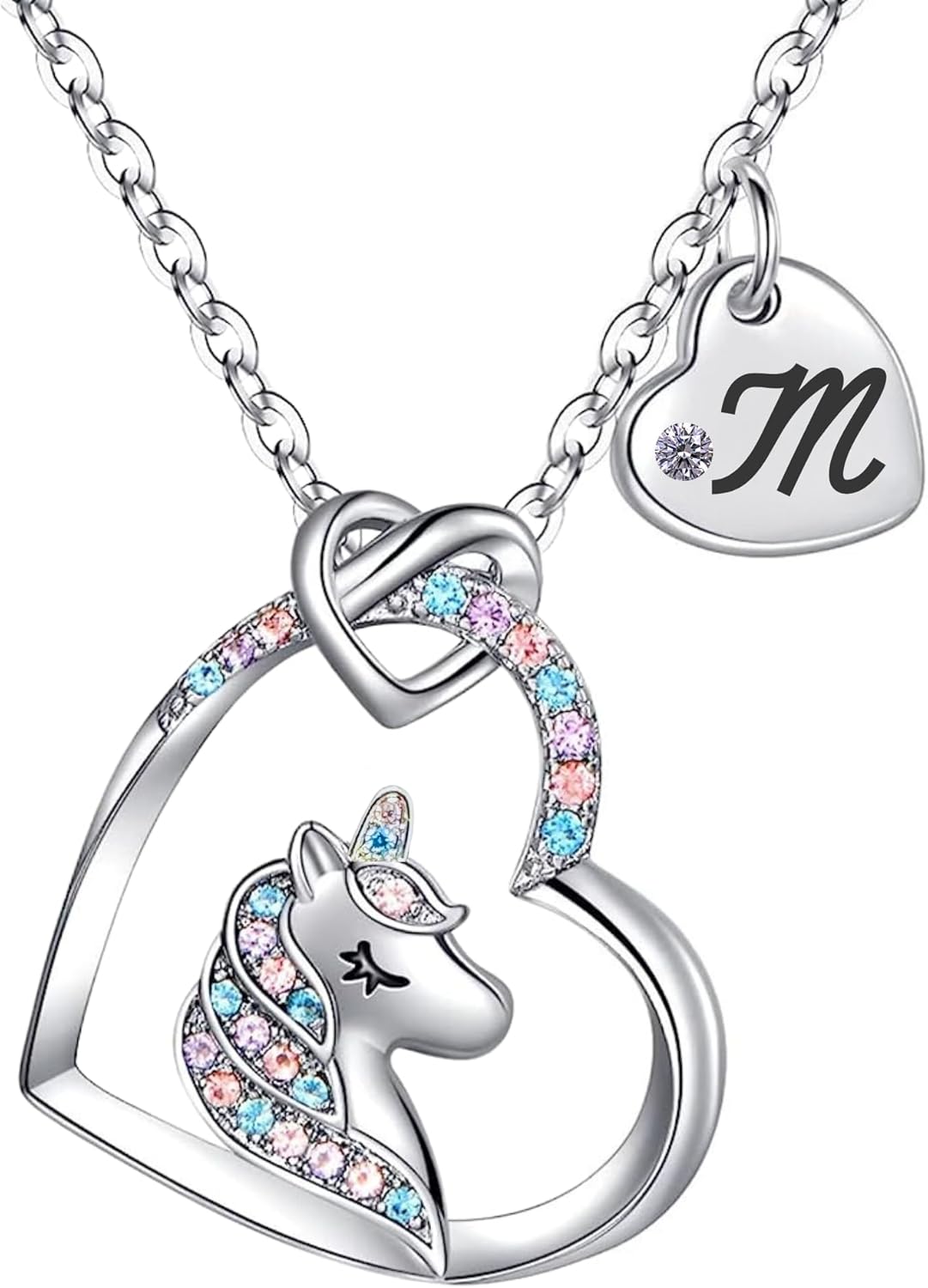Unicorn Necklace for Girls Kids with Personalized Initial Heart Pendant, 18K Gold Fashion Jewelry for Girls, Colorful Heart Necklace for Birthday Gifts.