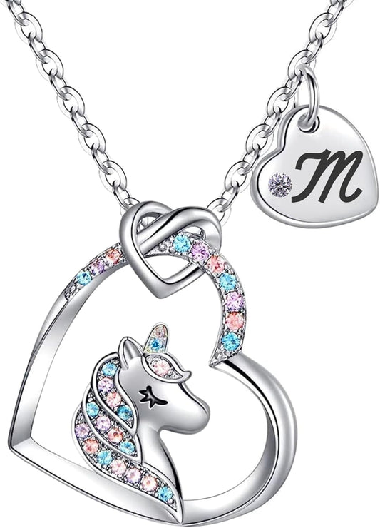 Unicorn Necklace for Girls Kids with Personalized Initial Heart Pendant, 18K Gold Fashion Jewelry for Girls, Colorful Heart Necklace for Birthday Gifts.