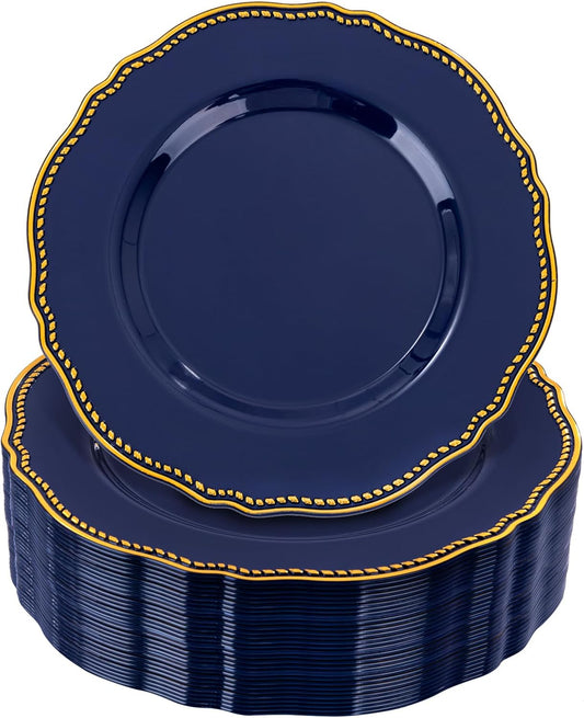 Hioasis 60pcs Blue Plastic Plates - Blue and Gold Disposable Dinnerware with Gold Rim, Heavy-duty, 7.5 inch, Dessert Plates for Party & Wedding