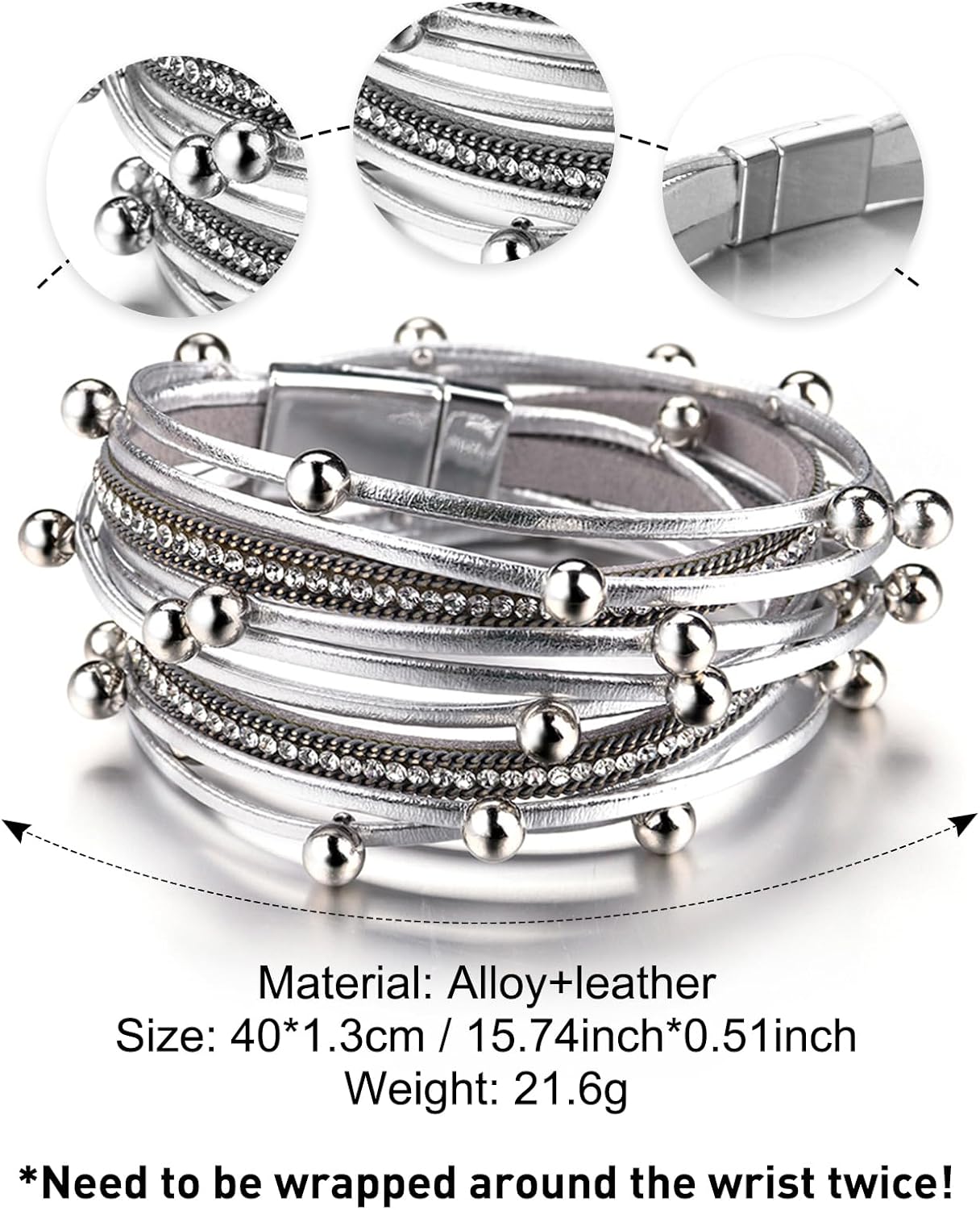 Fesciory Leather Wrap Bracelets for Women, Boho Leopard Multi-Layer Crystal Beads Cuff Bracelet Jewelry