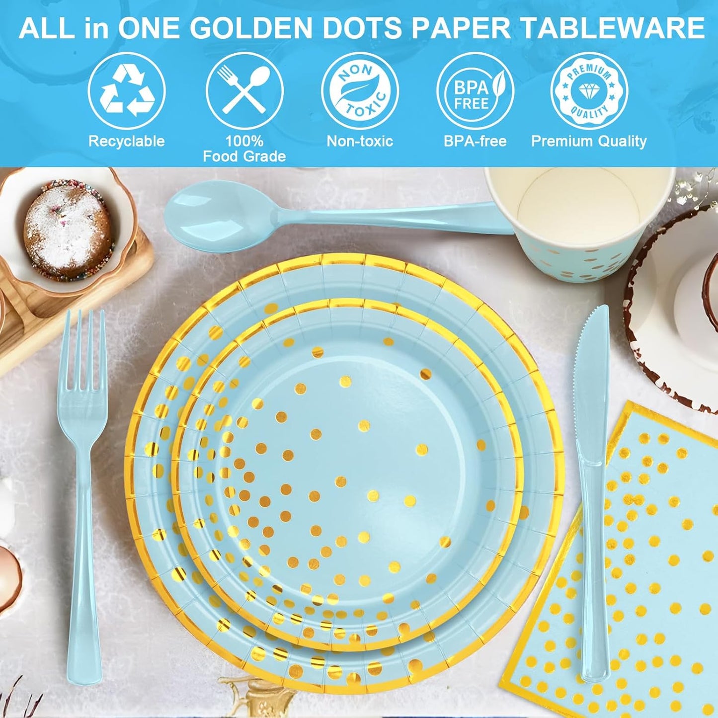 Light Blue and Gold Plates and Napins Party Supplies, Severs 25 Disposable Party Dinnerware Include Forks Knives Spoons Napkins Cups for Birthday, Wedding Baby Shower,Boys Birthday,Anniversary