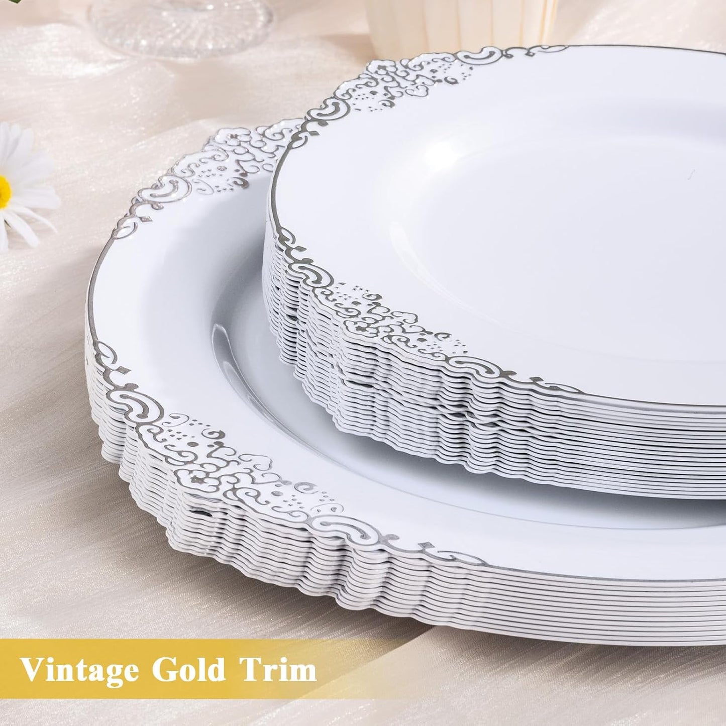 Goodluck 100PCS White and Silver Plastic Plates – 10.25” Heavy Duty Disposable Dinner Plates & Party Plates for Weddings, Parties, Events – Elegant, Sturdy