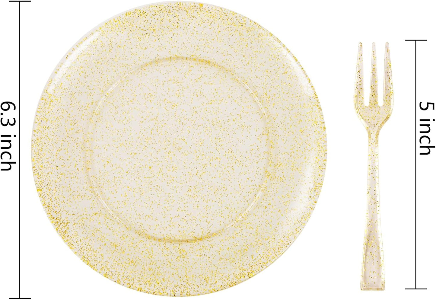 Festiva 200Pcs Gold Glitter Dessert Plates 6.3" with Forks 5"-Small Plastic Dessert/Cake/Appetizer Plates Disposable for 100 Guests Thanksgiving Party &Wedding& Birthday& Christmas