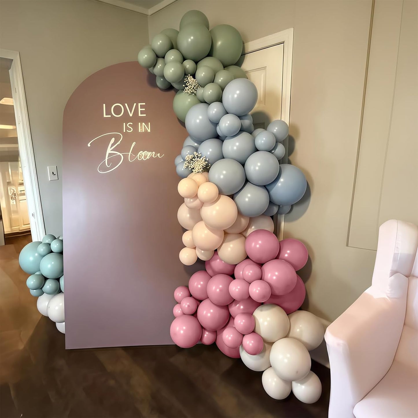 Pink Blue Green Balloons, Retro Blush Pink Sage Green Dusty Blue Ivory White Nude Latex Balloons Boho Pastel Rainbow Goose Party Balloon for Flower Fairy Baby in Bloom Shower Birthday Party Decoration