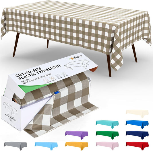 Smiry 54 Inch x 300 Feet Disposable Table Cover Roll, Khaki & White Plastic Table Cloth in Cut-to-Size Box with Slide Cutter, Waterproof Rectangle Tablecloths for Weddings, Banquets, Outdoor