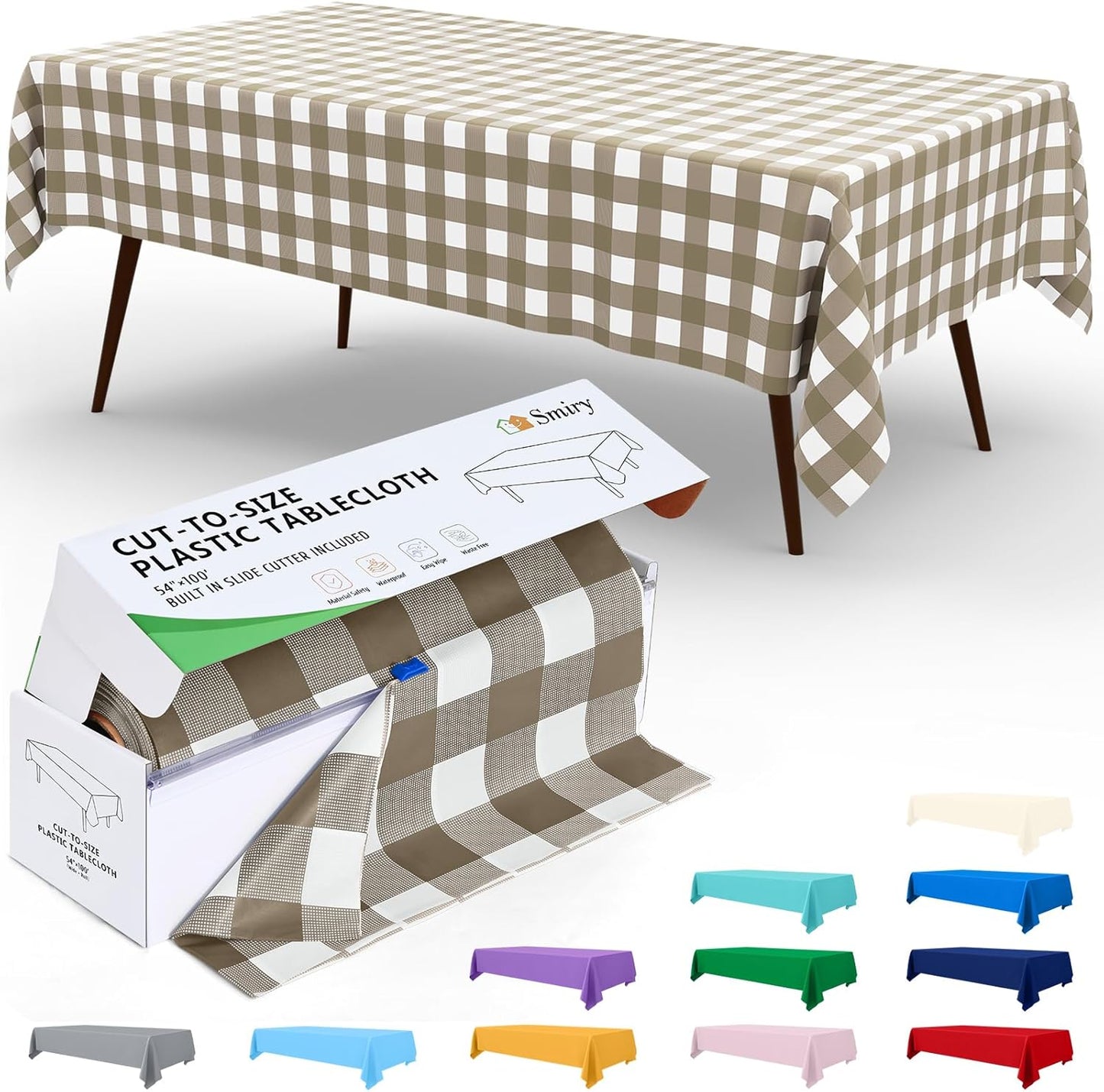 Smiry 54 Inch x 100 Feet Disposable Table Cover Roll, Khaki & White Plastic Table Cloth in Cut-to-Size Box with Slide Cutter, Waterproof Rectangle Tablecloths for Weddings, Banquets, Outdoor