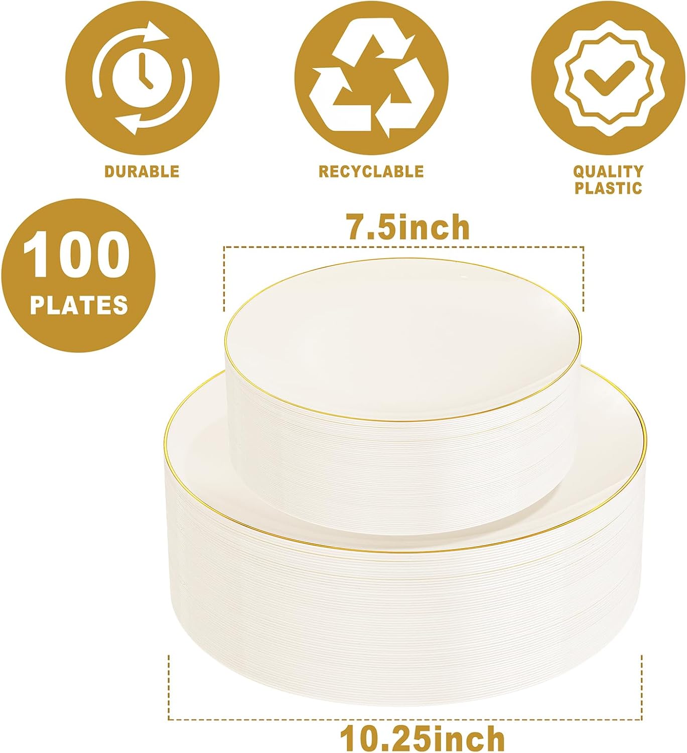 PULOTE 100PCS Ivory Plastic Plates - Cream Plastic Disposable Heavy Duty for Party & Thanksgiving - Include 50 Each (Dinner & Dessert) Plates