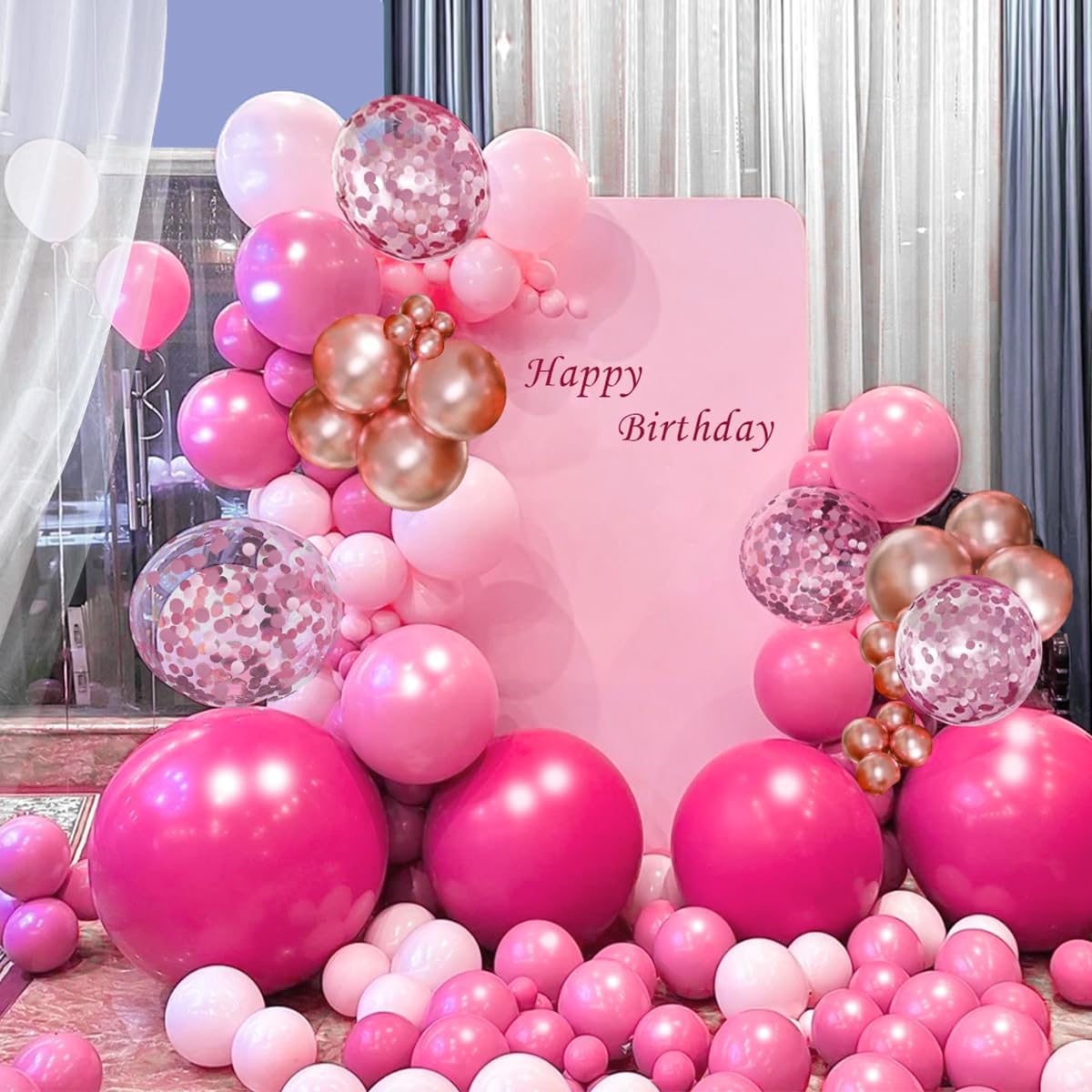 Pink and Rose Gold Balloon Garland Arch Kit, 147Pcs Hot Pastel Pink Metallic Rose Gold Balloons with Confetti for Bridal Baby Shower Birthday Princess Wedding Mother's Day