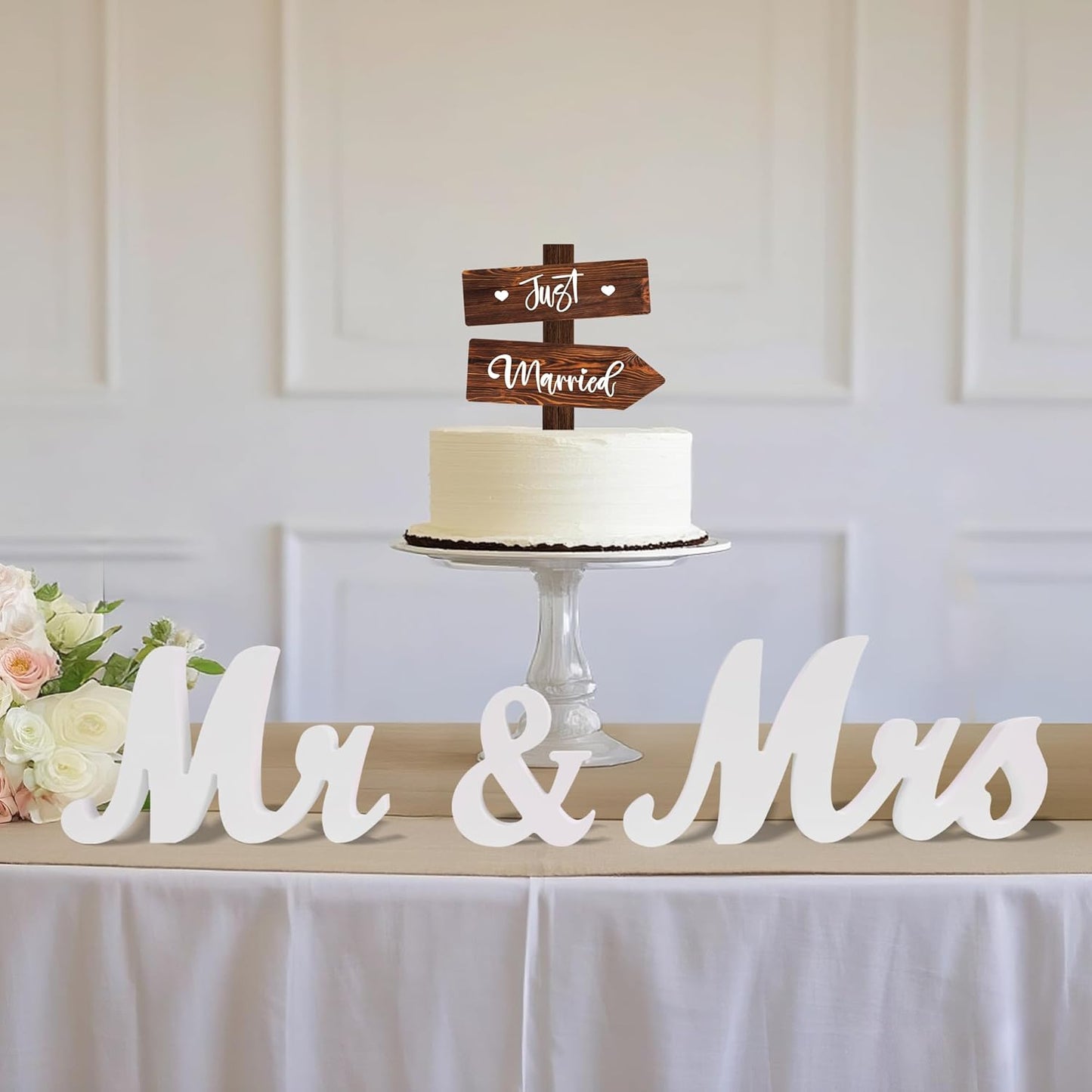Rustic Wedding Decoration Set Just Married Cake Topper & 12 PCS Cupcake Toppers & Banner & Mr Mrs Table Sign in Wood