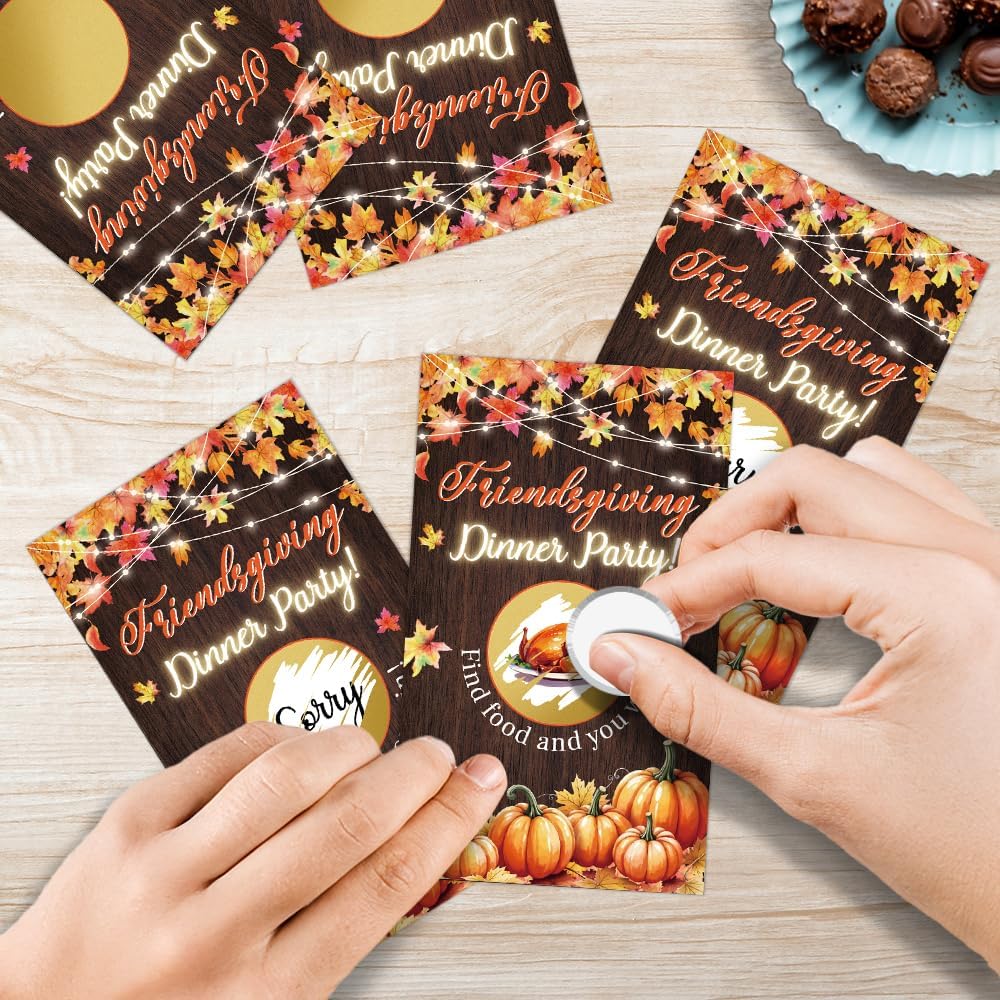 50 Pack Friendsgiving Dinner Party Scratch Off Game, Turkey Scratch Cards for Dinner Game, Thanksgiving Raffle Tickets for Birthday Games, Baby Shower, Fall Thank You Party Games