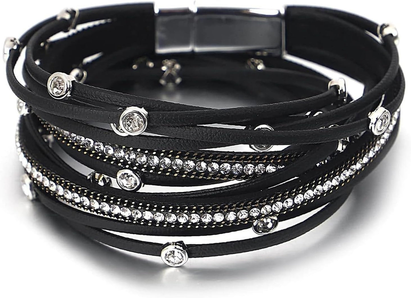 Fesciory Leopard Bracelet for Women, Boho Leather Wrap Multi-Layer Pearl Crystal Bracelet Bangle Jewelry