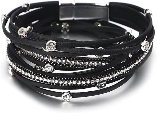 Fesciory Leopard Bracelet for Women, Boho Leather Wrap Multi-Layer Pearl Crystal Bracelet Bangle Jewelry