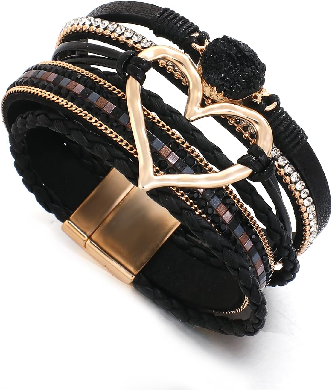 Leather Wrap Bracelet for Women Beaded Cuff Bracelet with Heart-shape Decor Bohemian Crystal Bracelet Jewelry with Clasp Bangle Bracelet for Women Girls Birthday Holiday Gift