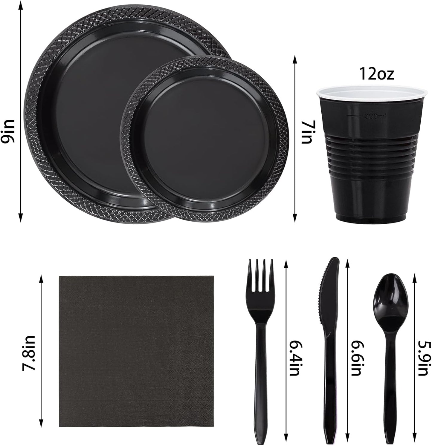 WELLIFE 210Pcs Black Plastic Plates, Disposable Dinnerware Set, Party Supplies Including Black plates, 12oz Cups, plastic Cutlery and Napkins Serve 30 Guests, Plastic Plates for Party
