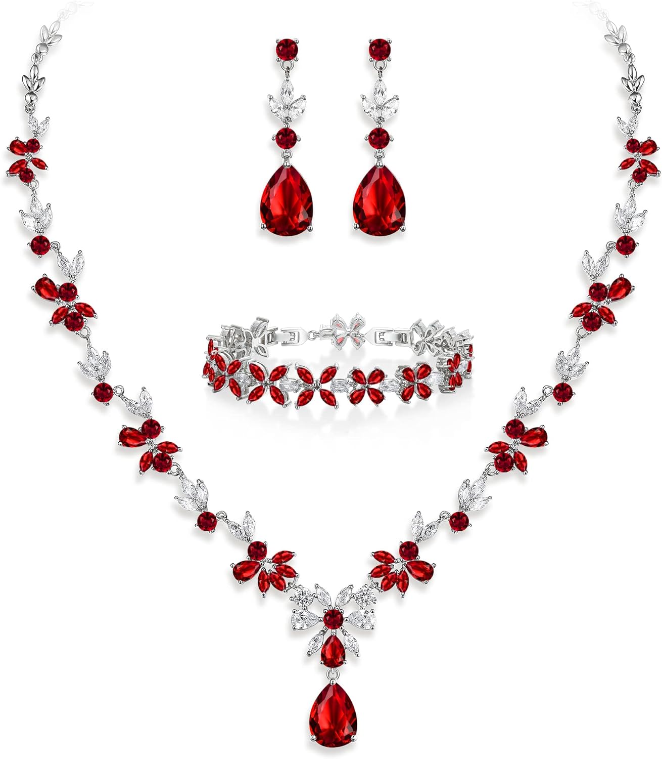 Crysdue Wedding Jewelry Set for Women, Floral Leaf Vine Teardrop Necklace Dangle Earrings Bracelet and Hair Comb, Cubic Zirconia Elegant Party Prom Jewellery for Bridal Bridesmaid