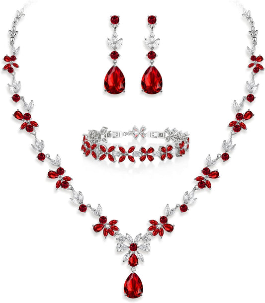 Crysdue Wedding Jewelry Set for Women, Floral Leaf Vine Teardrop Necklace Dangle Earrings Bracelet and Hair Comb, Cubic Zirconia Elegant Party Prom Jewellery for Bridal Bridesmaid