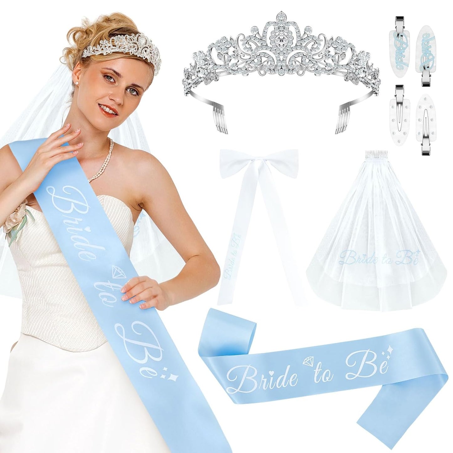 8 Pcs Blue Bachelorette Party Decorations, Bride Sash, Clips, Bridal Shower Crown, Veil, Embroidered Bow Hairpins Engagement Gifts for Bride, Wedding, Bridal Shower Favor