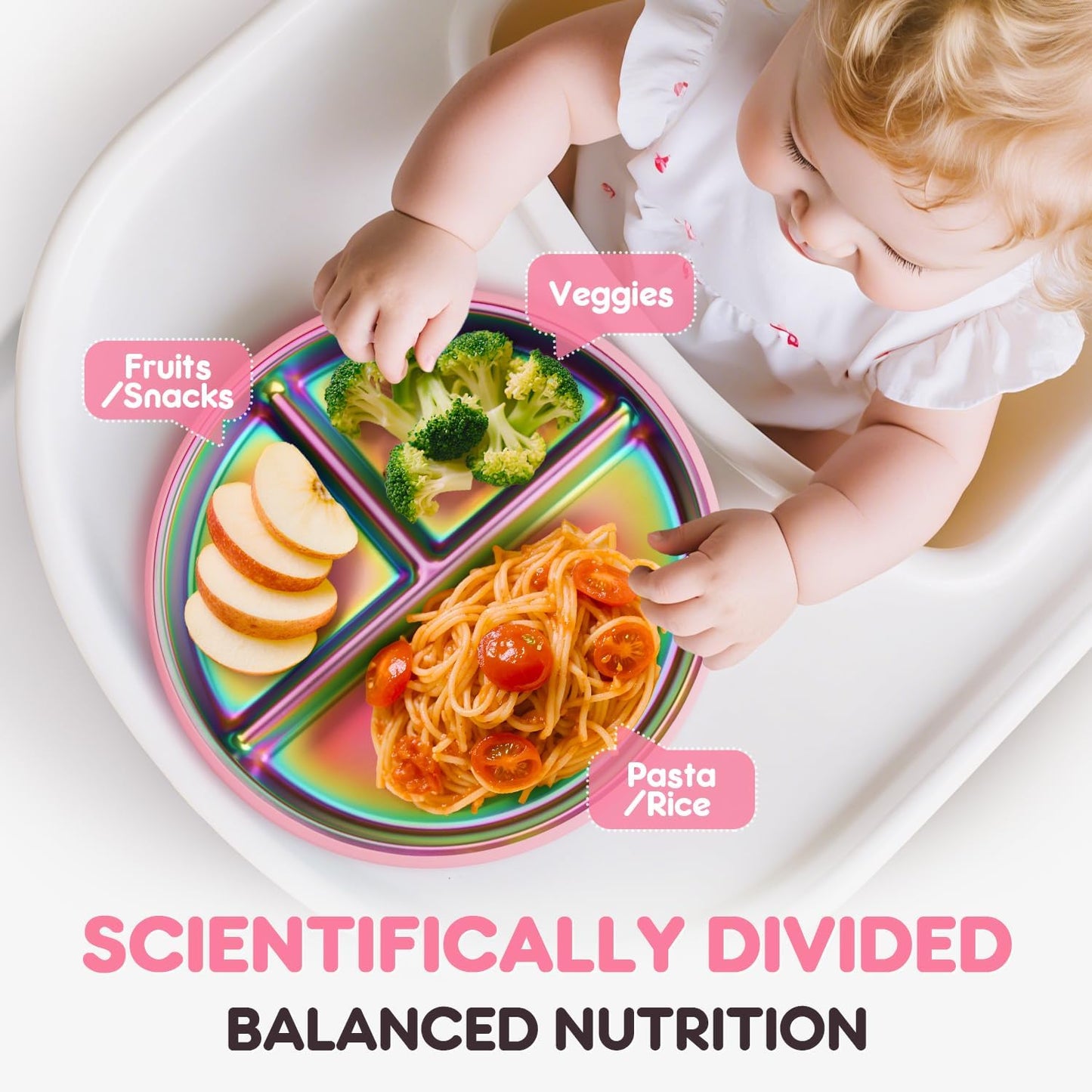 Stainless Steel Kids Plates with Suction, 9" BPA-Free Rainbow Toddler Plates 2pcs with Removable Food-Grade Silicone Base, Divided Baby Plates Dishwasher Safe, Pink & White