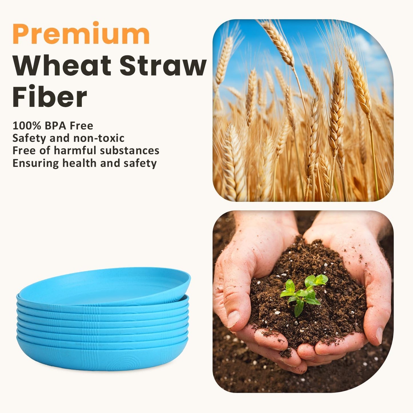 Homienly Wheat Straw Plates, 10 inch Deep Dinner Plates, Service for 8, Unbreakable Plates for Outdoor, Lightweight Microwave and Dishwasher Safe Camping Plate Set for Dinner, Salad, Fruit - Sky Blue