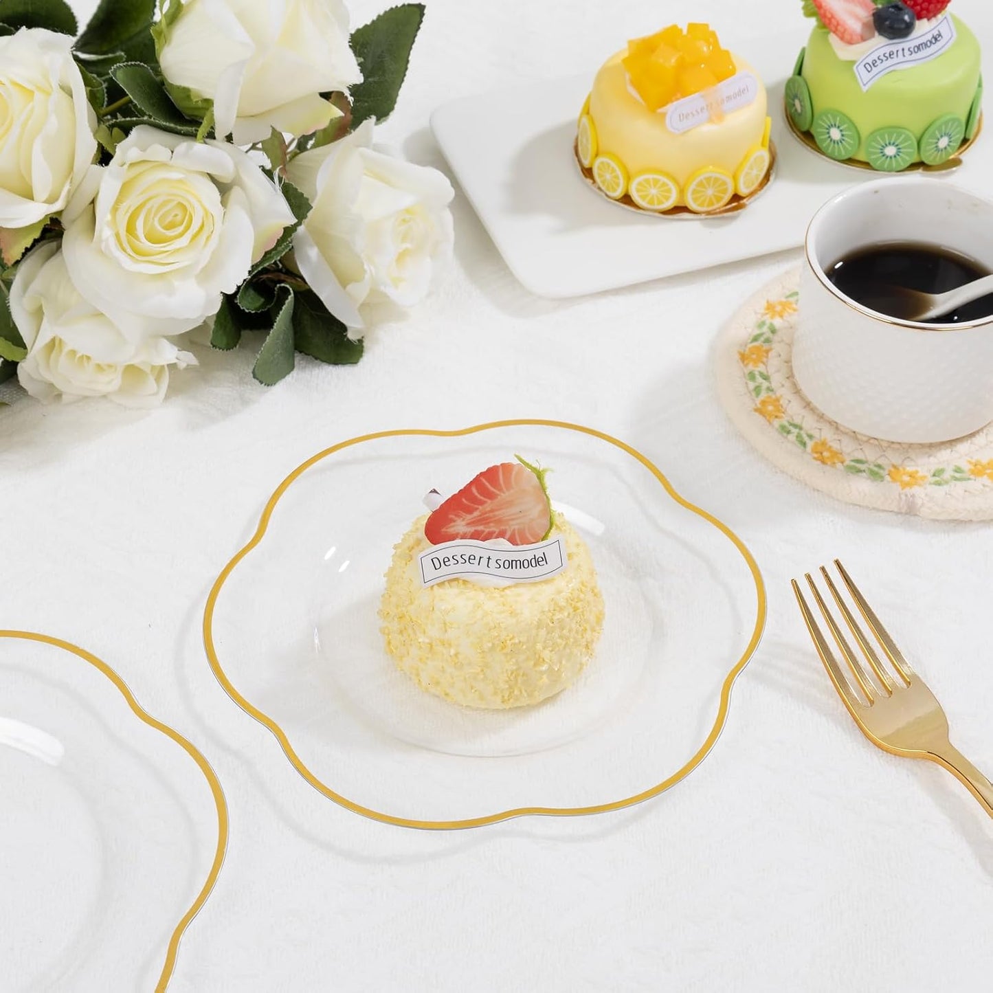 Liacere 100PCS Clear Plastic Plates-7inch Disposable Floral Clear and Gold Appetizer Cake Small Plates - Perfect for Wedding & Party & Holiday & Floral &Baby Show & Fall & Thanksgiving