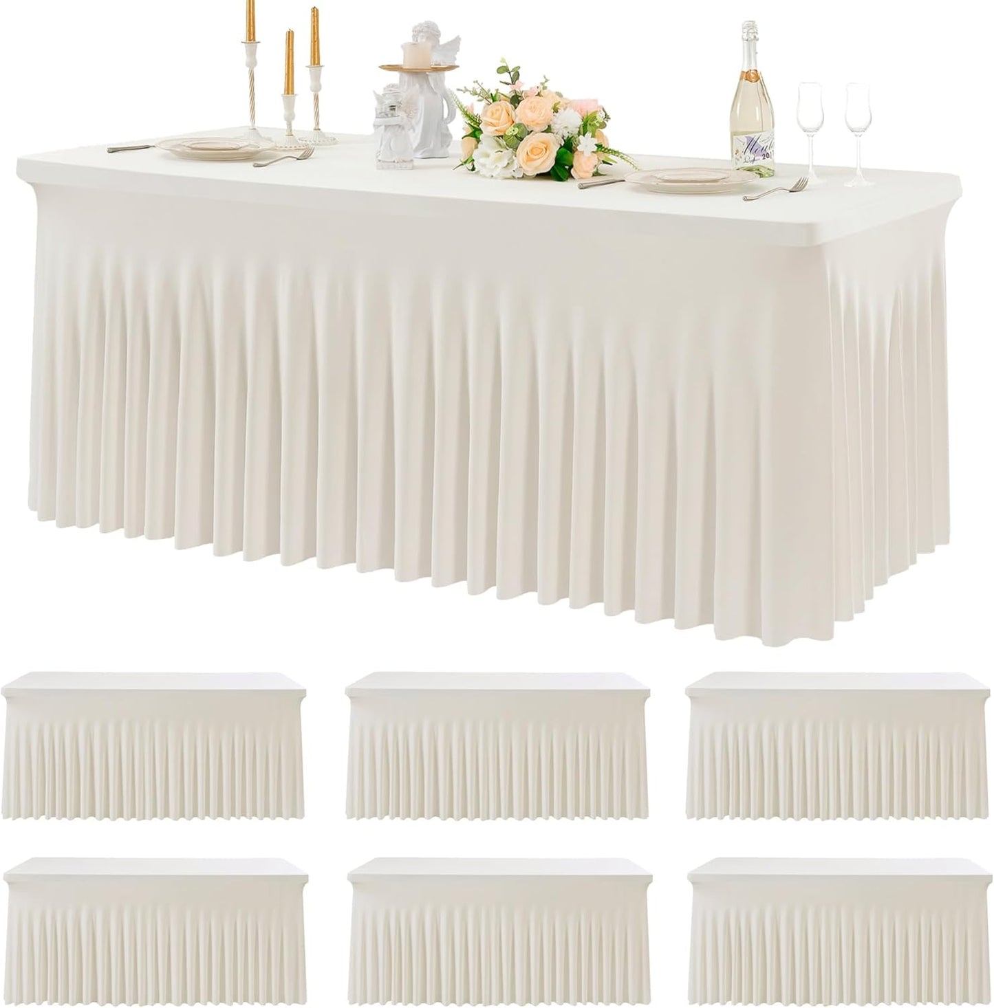 6 pk Spandex Ivory Tablecloths for 6 Foot Rectangle Tables, Stretch Table Cloth 6ft Fitted Tablecover Desk Skirt for Parties Weddings Birthday Banquet Baby Shower