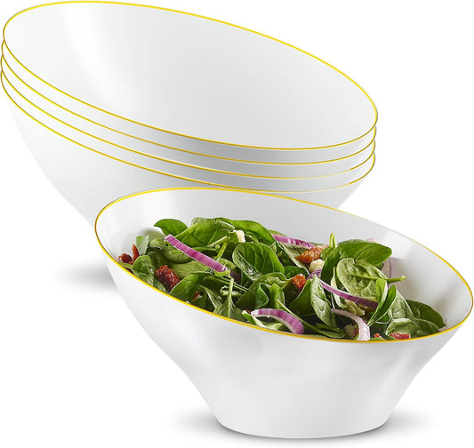 PLASTICPRO Angled Plastic Bowls Disposable Large Plastic White Serving Bowls with Gold Rim for Party for Appetizer Salads Pack of 4