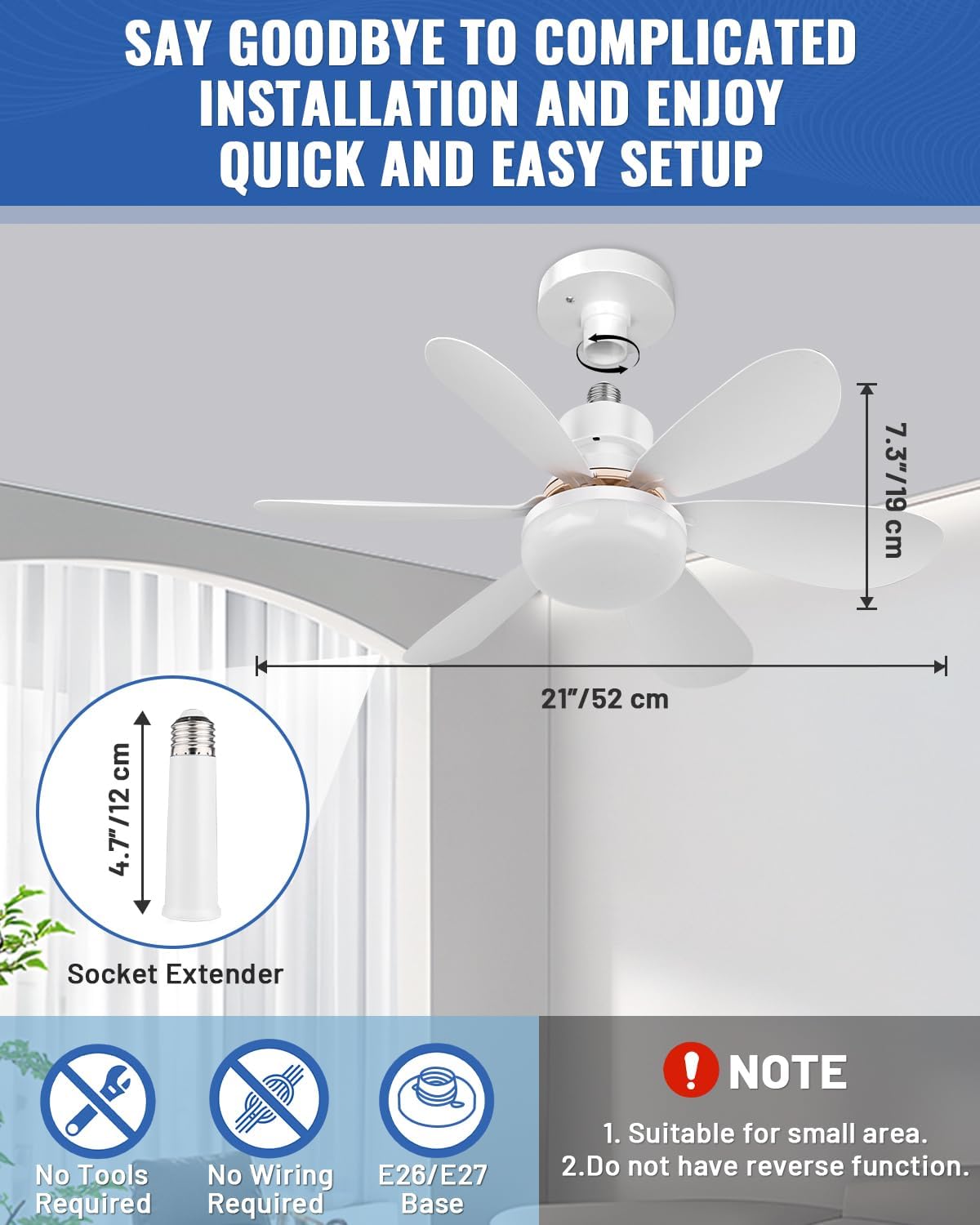 Socket Ceiling Fans with Lights and Remote, Dimmable LED Socket Fan Light, 3 Colors 3000K-6500K, 1700 Lumen, E26/27 Light Bulb Screw in Ceiling Fan for Bedroom, Kitchen, Living Room, Garage