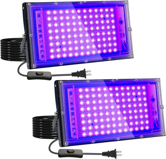 2 Pack 100W UV Black Light, IP65 Waterproof, Glow Party Light, Stage Lighting, Halloween, Body Paint, Fluorescent Poster, Neon Glow