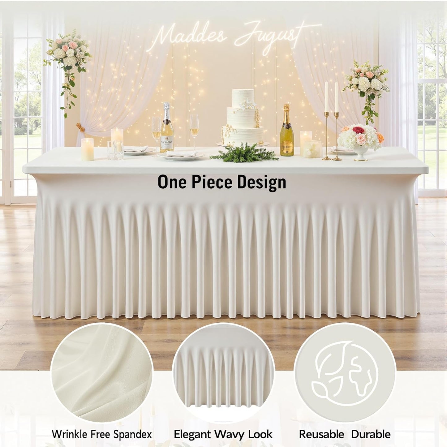 Outpain 6ft Spandex Table Cloth for Standard Folding Tables-2Pack Ivory Table Cloth Table Protector for Party, Wedding, Cocktail, Banquet, Festival