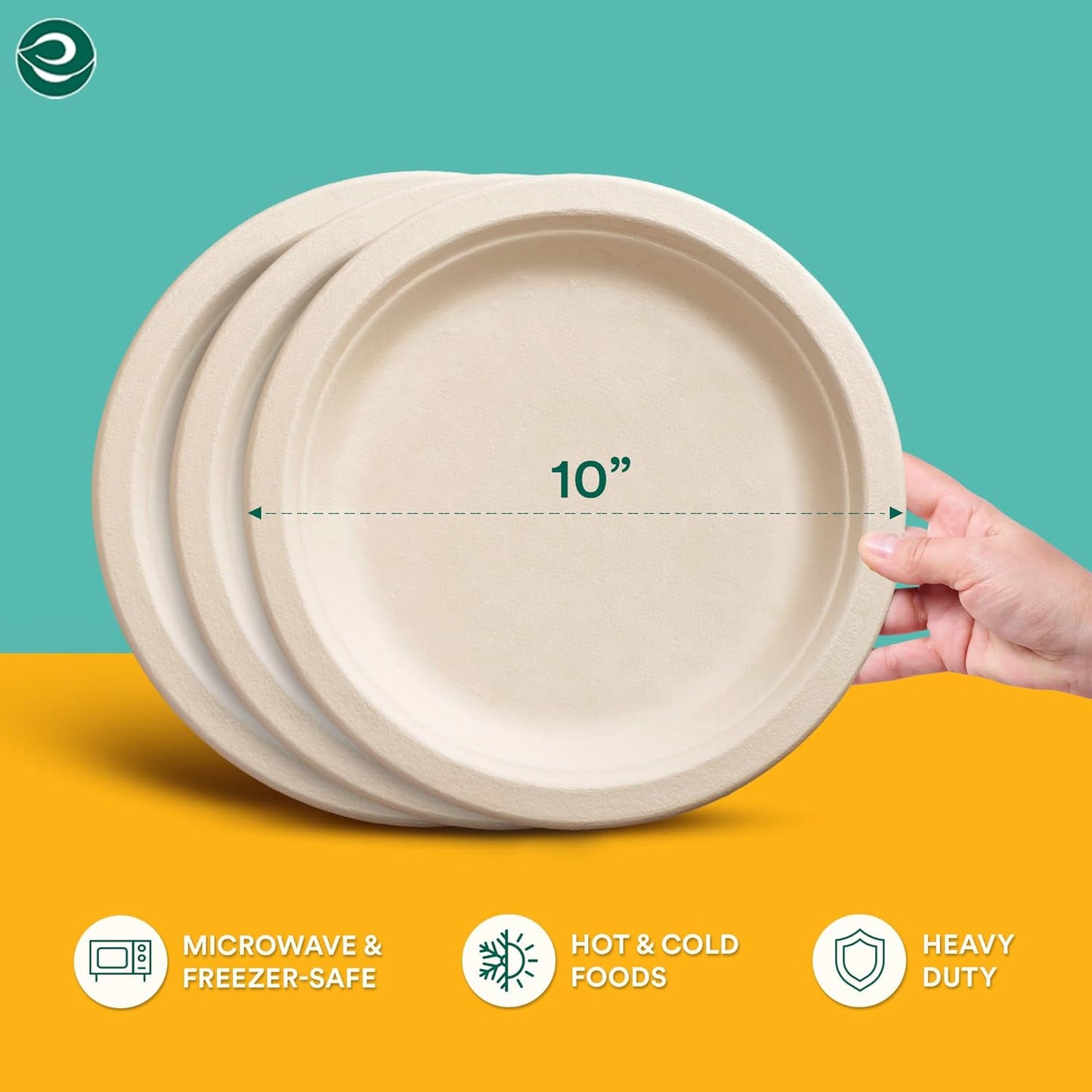 ECO SOUL 100% Compostable 10 Inch Paper Plates 200 [2x100 Pc] Disposable Party Plates I Heavy Duty Eco-Friendly Sturdy Dinner, Wedding, Event Plates I Biodegradable Unbleached Sugarcane Eco Plates