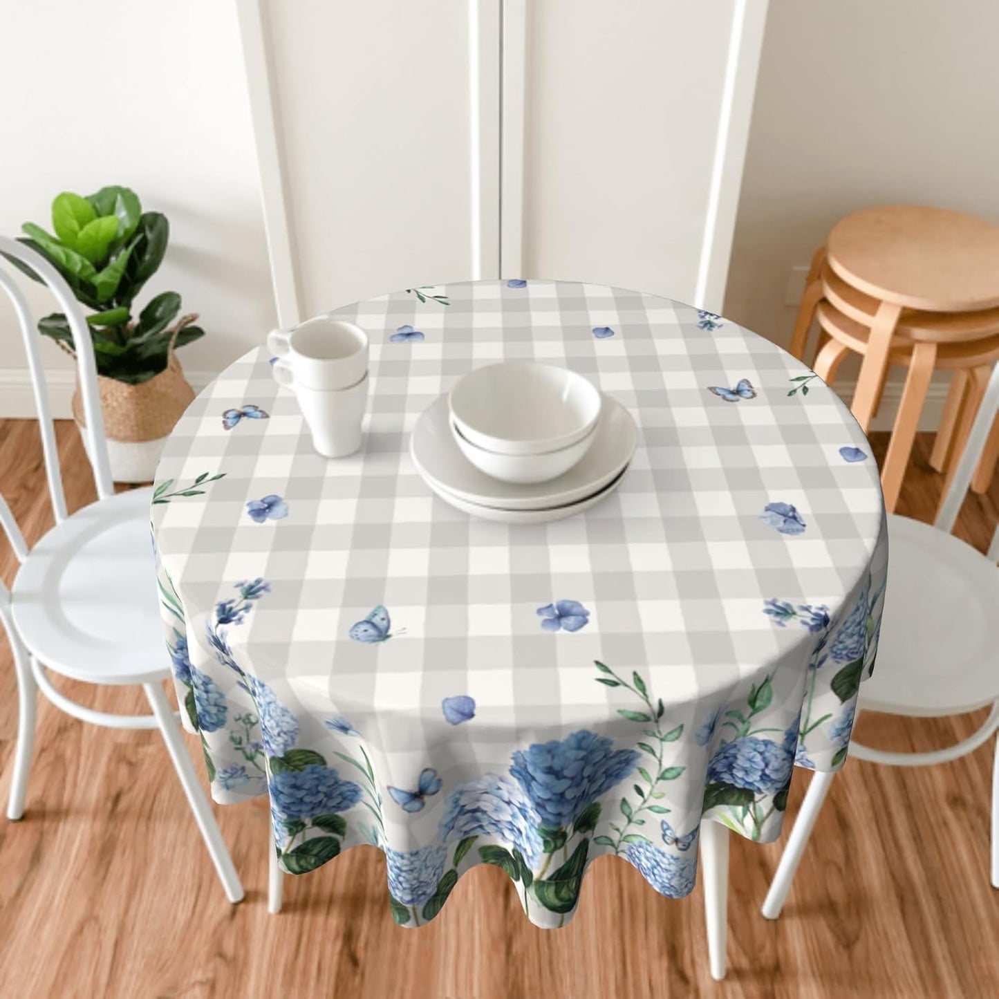 Giwawa Spring Summer Round Tablecloth 60in Watercolor Blue Hydrangea Floral Butterfly Table Cover Grey Buffalo Plaids Washable Table Cloth for Dining Kitchen Picnic Indoor Outdoor Decor