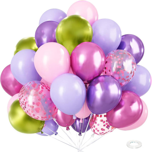 Light Pink Purple Green Balloons Birthday Party Decorations-48Pcs 12inch Assorted Metallic Hot Pink Purple Balloon,Confetti Latex Baloons Kit for Princess Witch Fairy Monster Garden Jungle Theme Party