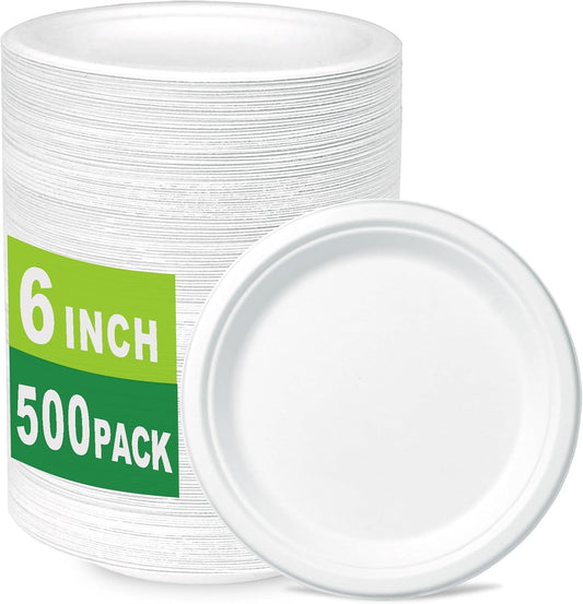 500 Count 6 Inch Small Heavy Duty Compostable Dessert Plates, Biodegradable Bagasse and Bamboo Fiber Paper Plates