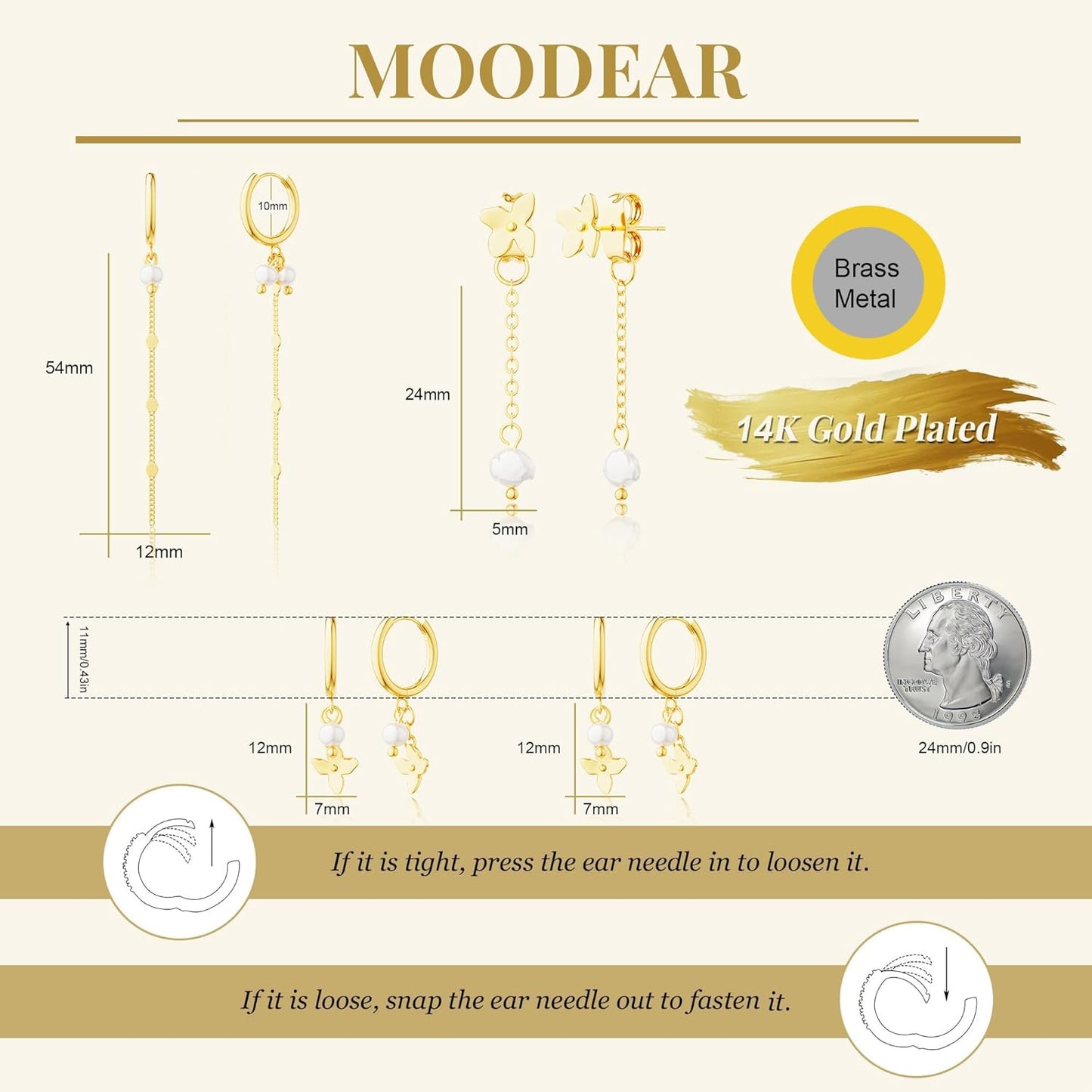 Moodear Gold Earrings for Women No Tarnish - Trendy 14K Gold Plated Pearl Hoop Studs Chain Earrings Stacks for Women Wedding Jewelry Gift