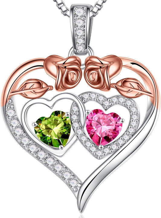 Iefil Double Birthstone Necklace Gifts for Wife Girlfriend Her Women, Birthstone Jewelry Gemstone Valentines Birthday Gifts for Her Women Wife Mom Grandma