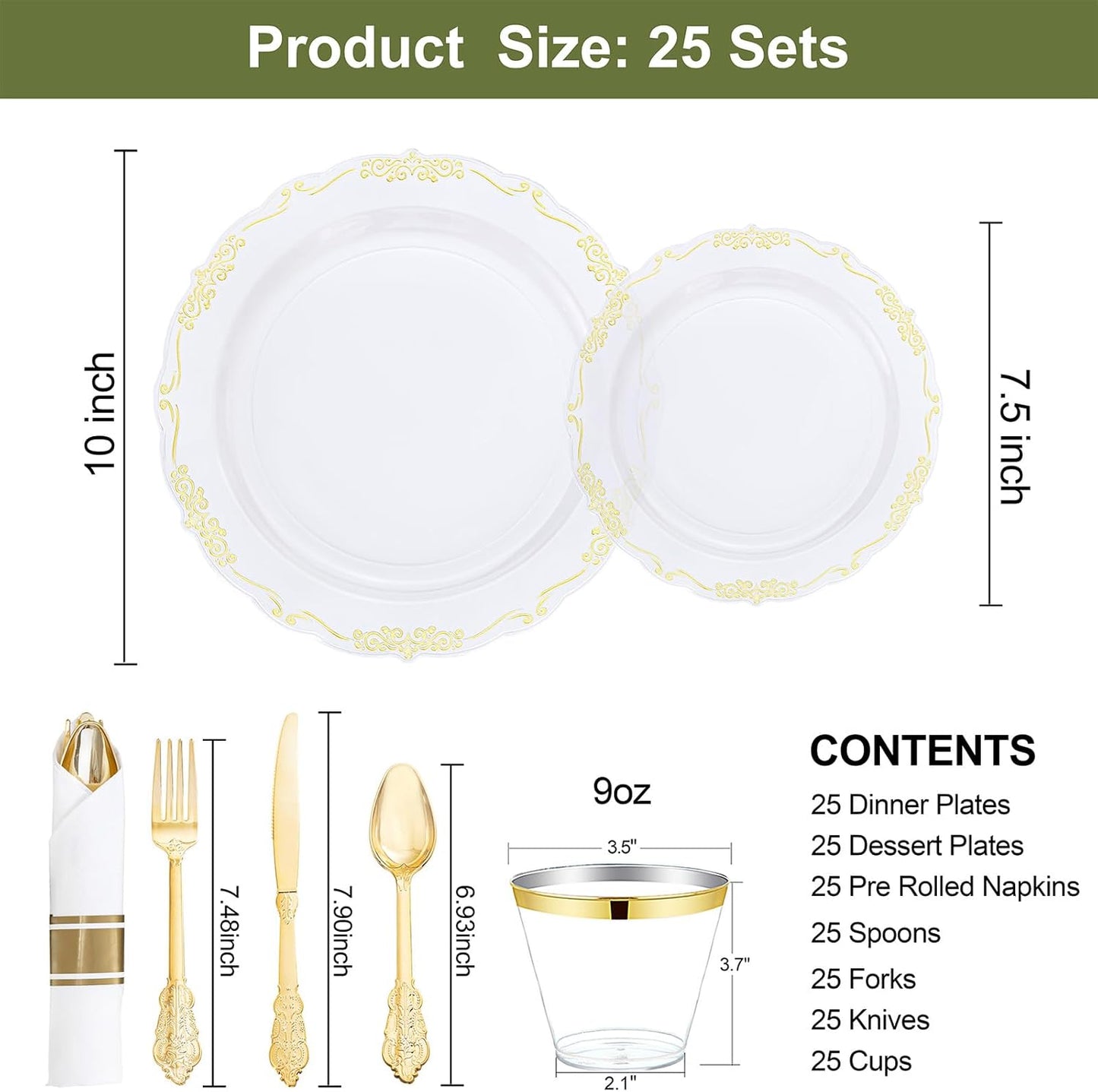 U-QE 175 Pieces Gold Plastic Plates and Napkins Party Supplies - Clear and Gold Dinnerware Set 25 Guest - 25 Dinner Plates, 25 Dessert Plates, 25 Per Rolled Napkins with Cutlery, 25 Cups 9 OZ