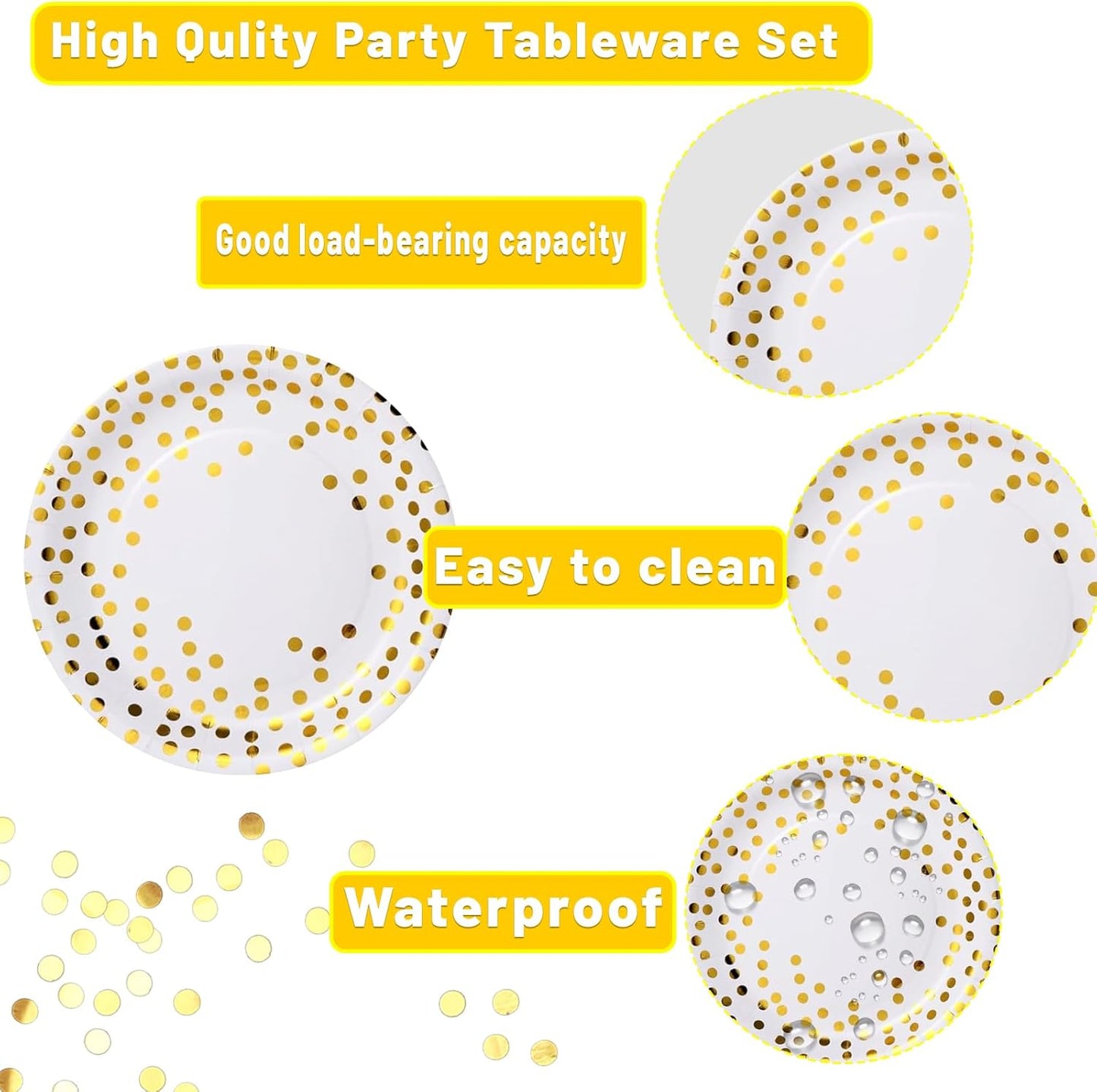 175pcs Premium White Gold Paper Plates Napkins Cups and Plastic Forks Kinves Spoons Party Supplies Set For 25 Guests
