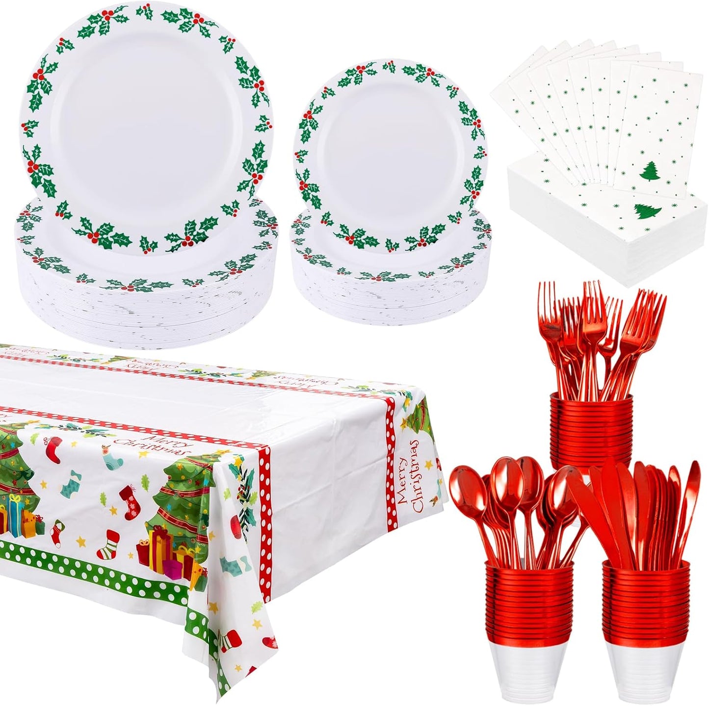 GATHER 176Pcs Christmas Plastic Plates - Green Christmas Plates Disposable and Red Cutlery Set Includes 50 Plate 75 Plastic Silverware 25 Cups 25 Napkins and 1 Tablecloths for Xmas Party