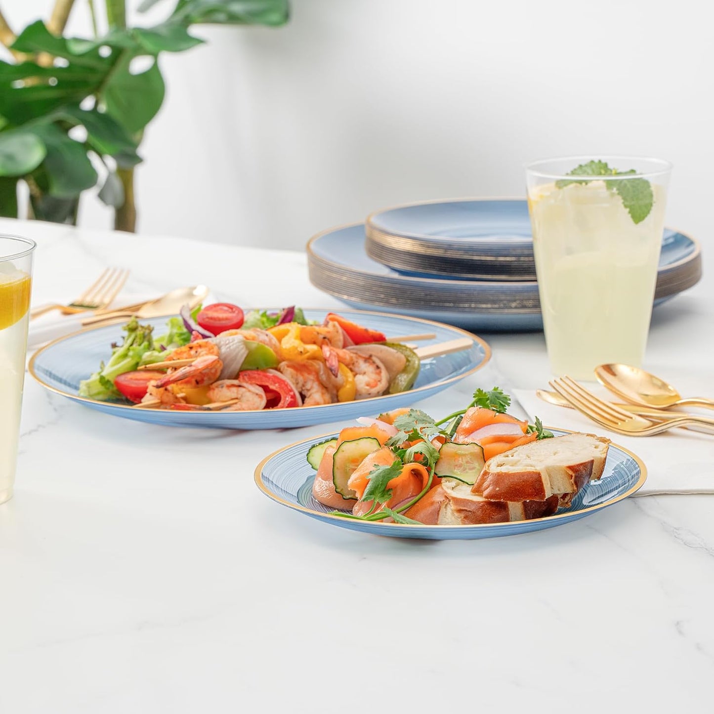 Restaurantware Plastic Plates 40 Pcs 7.13" and 10" Combo Gold Rimmed Plate Set Disposable Heavy-Duty Blue Translucent Rippled Plastic Dinner Servers for Party, Weddings, Salads, Desserts