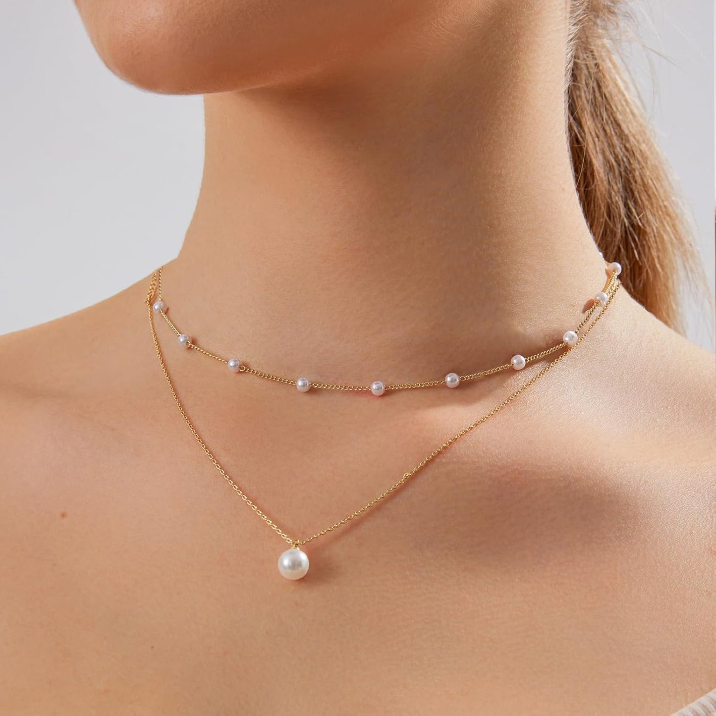 OGD Gold Pearl Necklaces Set for Women 14K Gold Plated Dainty Layered Pearl Cute Daisy Pearl Choker Gold Necklace Gifts for Women Gold Trendy Jewelry Gifts