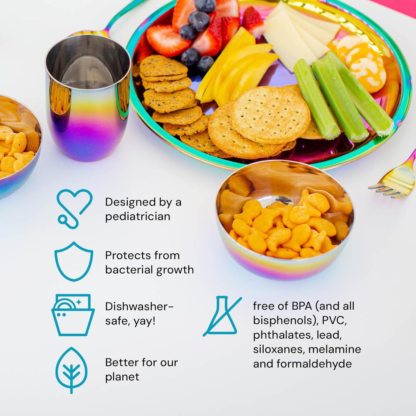 Ahimsa Stainless Steel Plates for Kids - 9" Round Rainbow Toddler Plates, Non Toxic Plate, BPA Free & Dishwasher Safe (Set of 4)