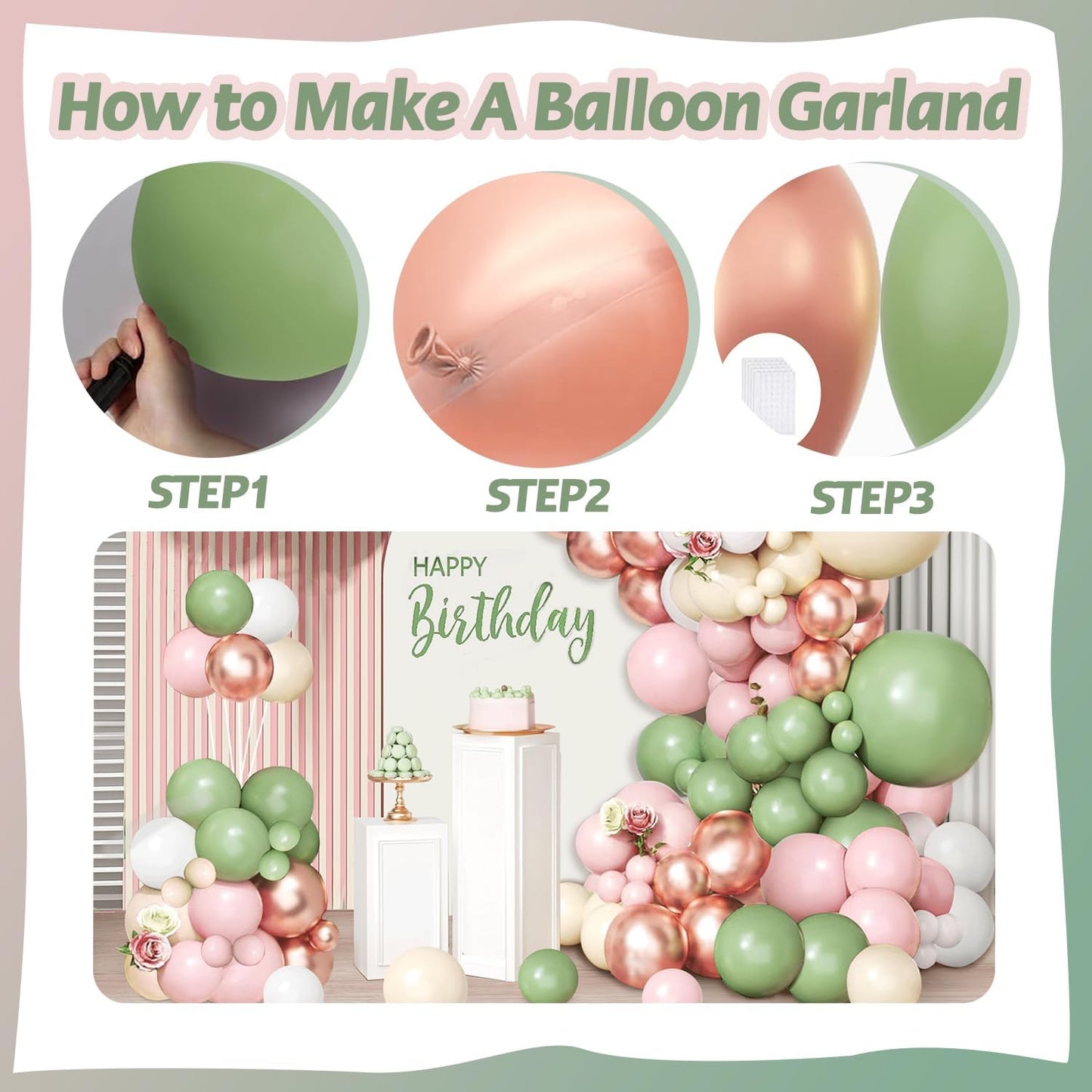 Sage Green Pink Balloon Arch Kit, Olive Green Baby Pink Sand White Balloons with Rose Gold Metallic Latex Balloons for Girl Birthday Wedding Bride Shower Party Decorations
