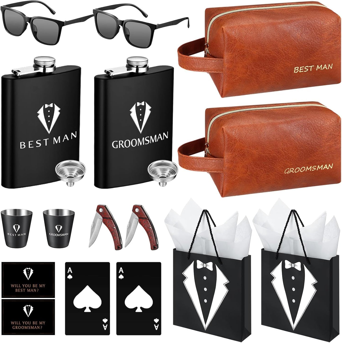 20Pcs Groomsmen Gifts Groomsmen Proposal Box with Flasks Sunglasses PU Leather Toiletry Bag Bottle Opener for Wedding Groomsman Best Man Gift (2, Brown)