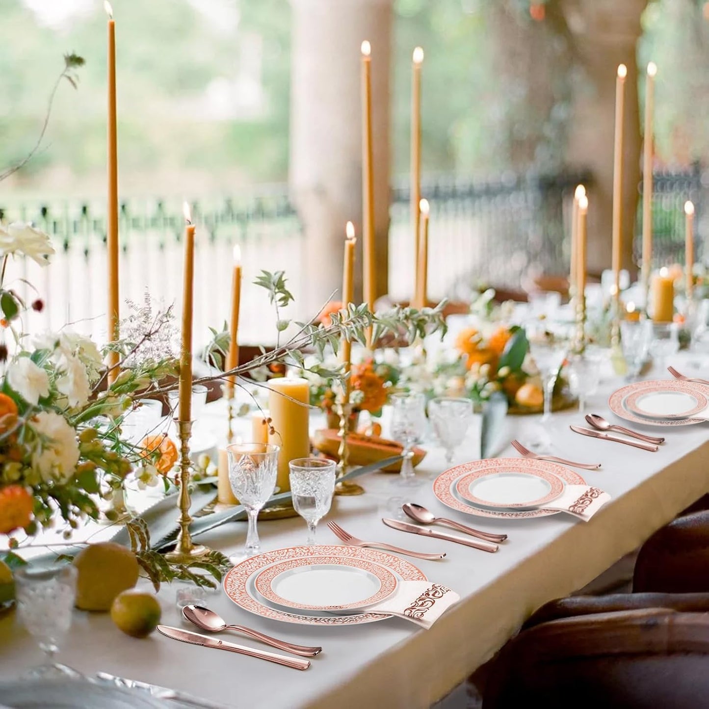 700PCS Rose Gold Plastic Dinnerware Set for 100 Guests, Disposable Plates for Party, Wedding, Include 100 Rose Dinner Plates, 100 Dessert Plates, 100 Set Silverware, 100 Cups, 100 Napkins