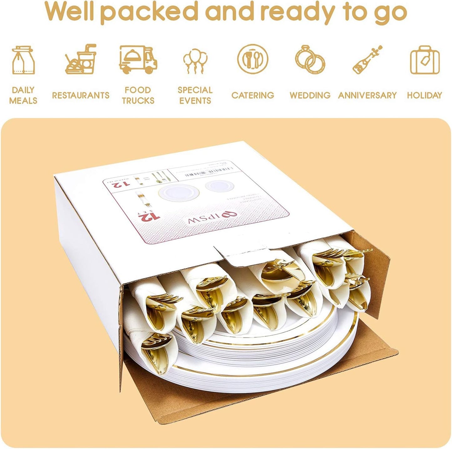 Gold Plastic Plates and Disposable Silverware w/Per-Rolled Napkins,Home Parties Heavy Duty Dinnerware incl Dinner Plates,Linen Like Napkin, Cutlery(72 pcs,12 Guests)