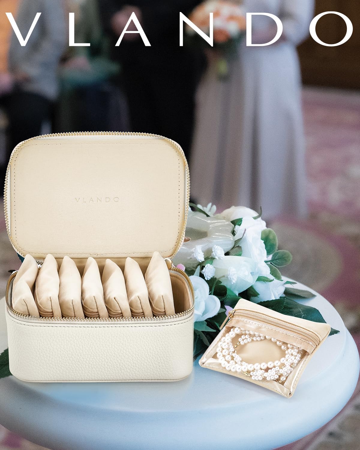 Vlando Travel Jewelry Organizer,PU Leather Jewelry Case Box for Travelers with 8 Pcs Claer Velvet Jewelry Bags Wedding Gifts for Women-White