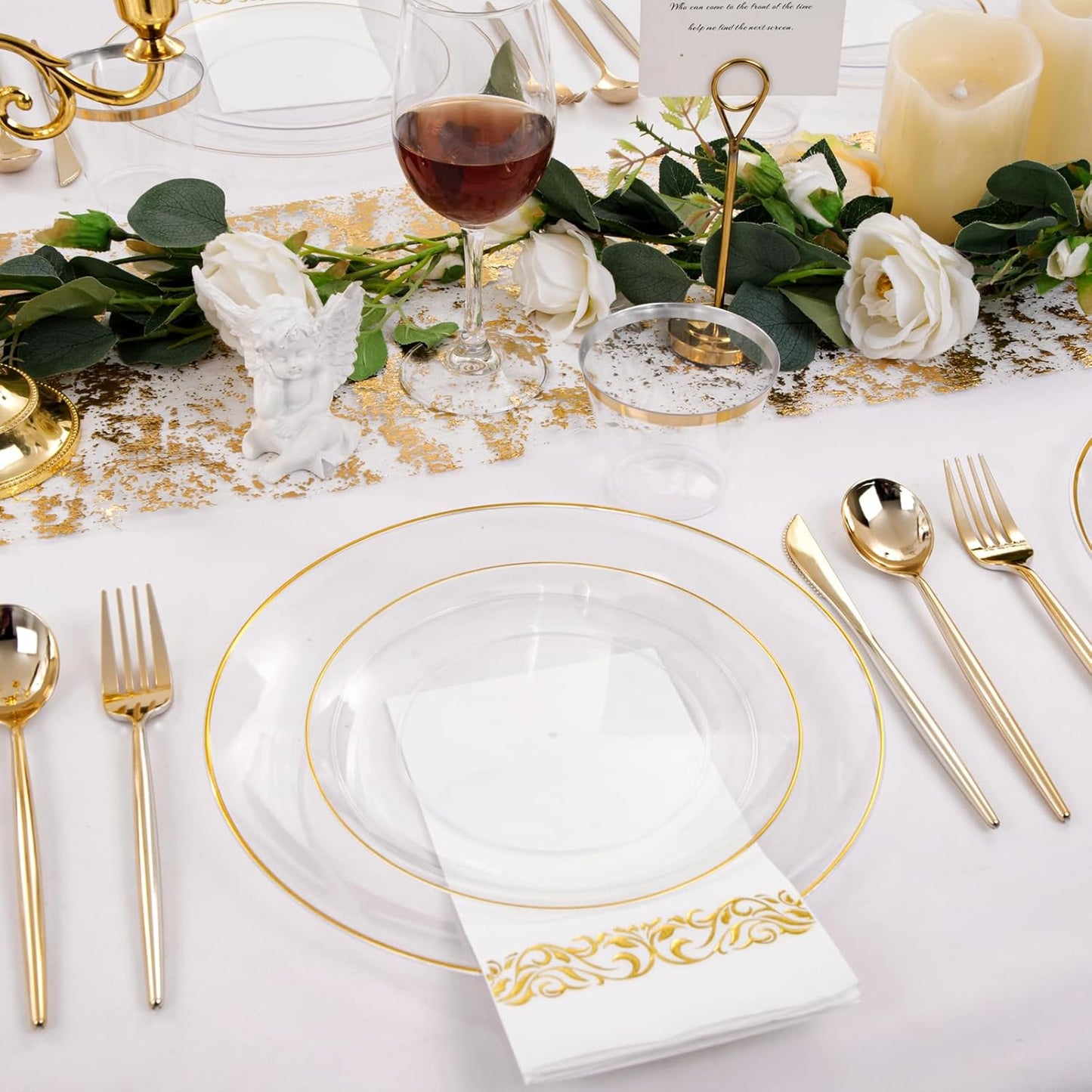 MirthMood 350Pcs Clear and Gold plates,Clear plates, Plastic Plates for Party Include 50 Dinner,50Dessert Plate,50 Cup&50 Napkins, 150 Gold Silverware for Wedding & Party & Birthday