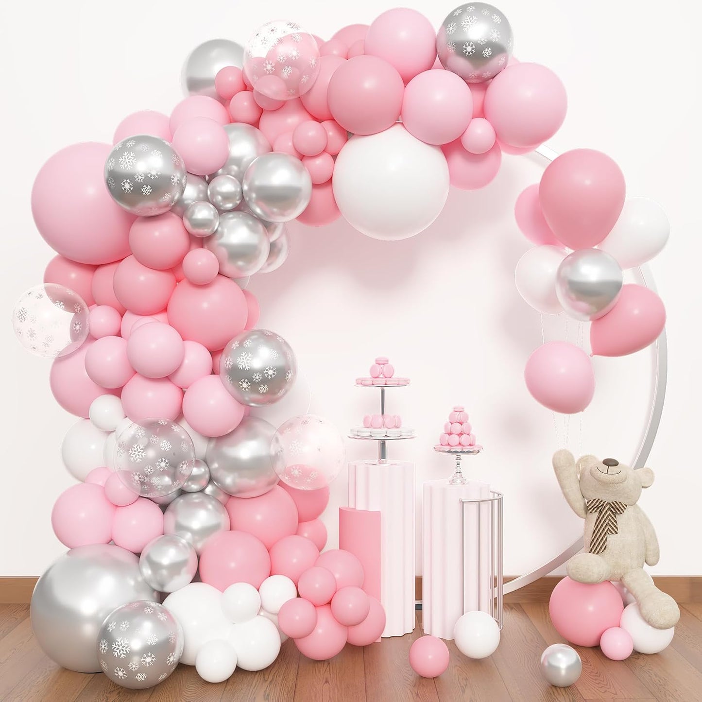 Amandir 153pcs Pink Silver Balloon Arch Garland Kit, Different Sizes 18 12 10 5 inch Pink White Latex Metallic Confetti Snowflake Balloons for Winter Wonderland Princess Baby Shower Party Decorations