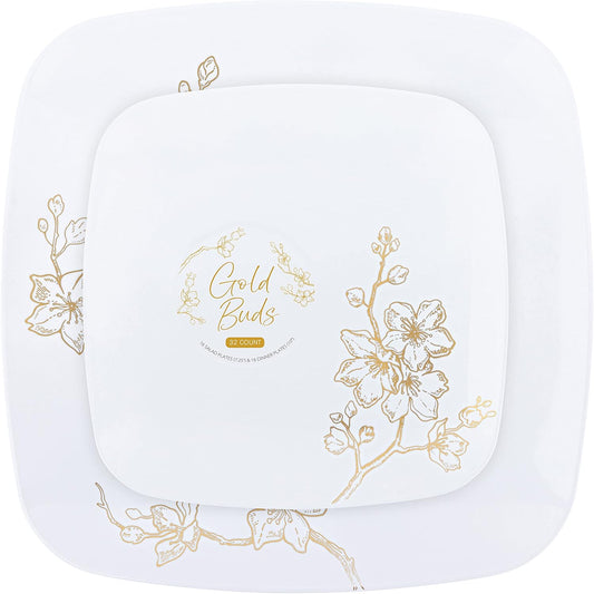 PLASTICPRO Square 64 Piece Combo Plates Set includes 32 x 7'' inch Salad Plates & 32 x 10'' inch Dinner Plates White Plastic Gold Buds Design Party Plates, Premium Disposable, Tableware,