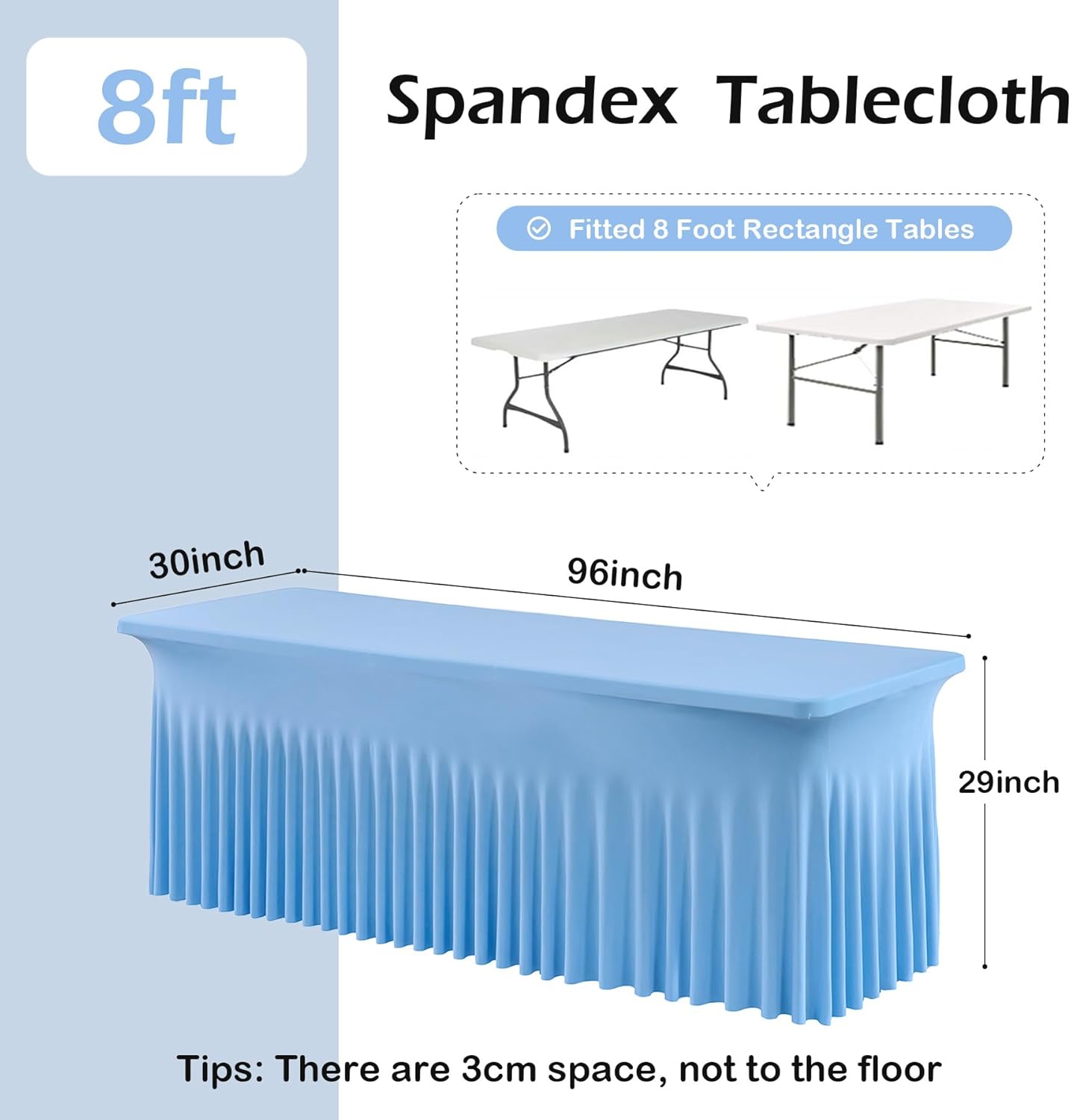 2 pk Baby Blue Spandex Tablecloth 8ft With Ruffle Table Skirt, Wrinkle Free Stretchy Fitted Tablecloths for 8 Foot Rectangle Tables, Elastic Spandex Table Covers for Weddings Parties Banquet Craft